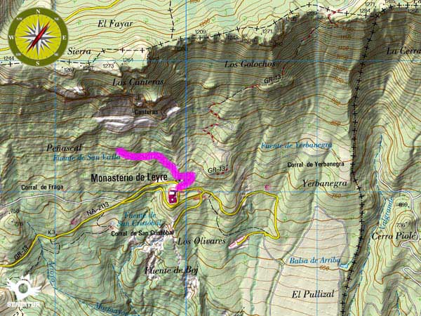 Mapa topográfico con el recorrido Senda de la Fuente de San Virila