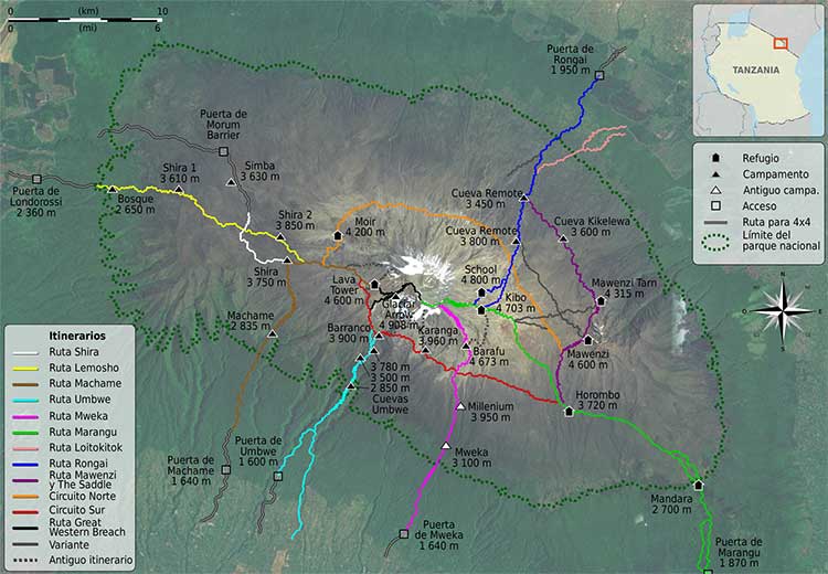 Mapa de las ruta para subir al Kilimanjaro