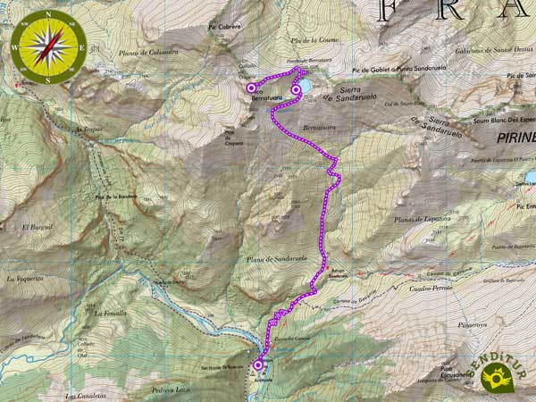 Topographical map of the route to Bernatuara glacier lake from Bujaruelo