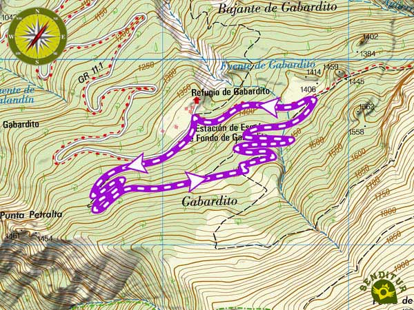 Topographic map with the itinerary of the Snowshoeing Circuit of Gabardito