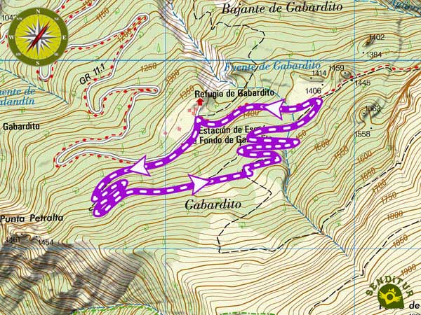 Mapa topográfico con el recorrido del Circuito de Raquetas de Nieve de Gabardito