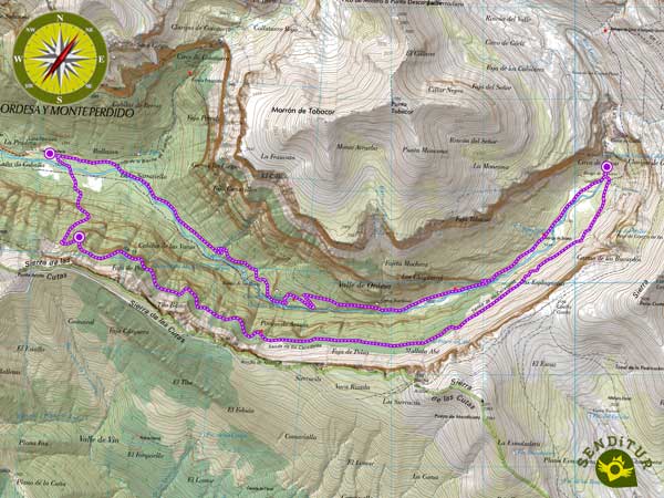 Mapa topográfico de la Senda de los Cazadores en el Valle de Ordesa