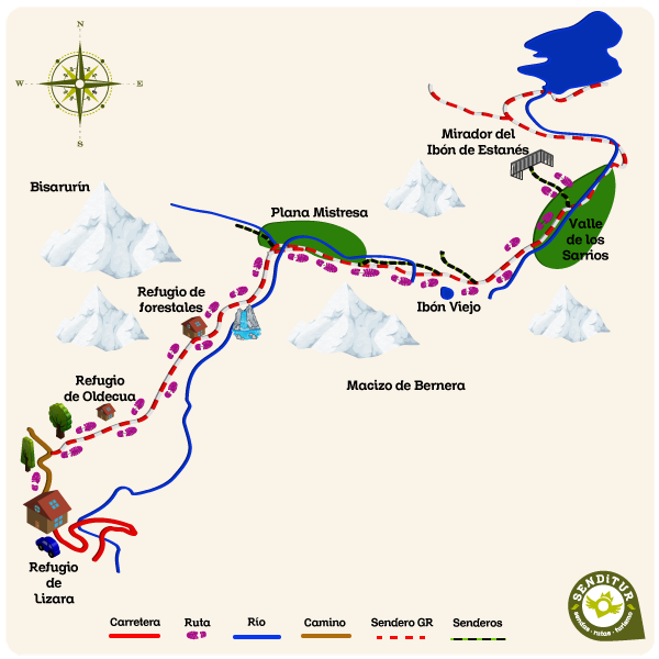 Mapa de la ruta al Valle de los Sarrios desde Lizara