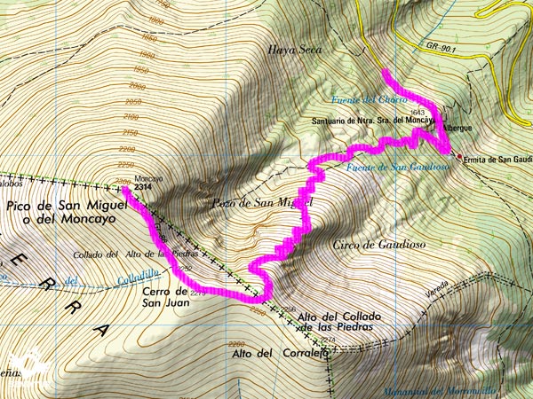 Topographic map with the route of the Ascent the Moncayo