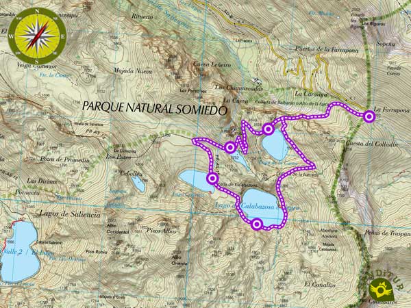 Topographical map of the circular route of the Saliencia Lakes in Somiedo