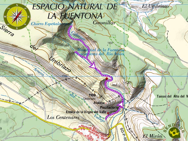 Topographic map with the route Natural Monument of La Fuentona