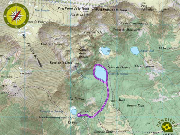 Topographical map of the route to Lake of Malniu