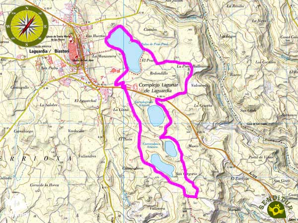 Mapa topográfico con el recorrido Ruta Verde del Complejo Lagunar de Laguardia