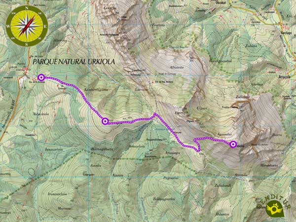 Topographical map of the route ascent to Anboto from Urkiola