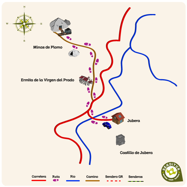 Mapa de la ruta de las Antiguas Minas de Plomo de Jubera
