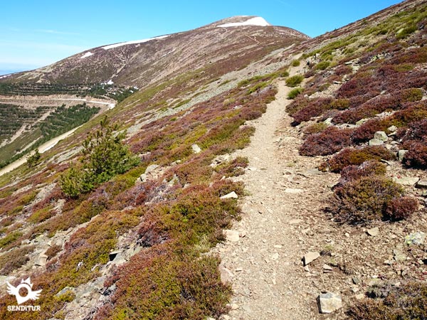The trail runs along the slope of the mountain