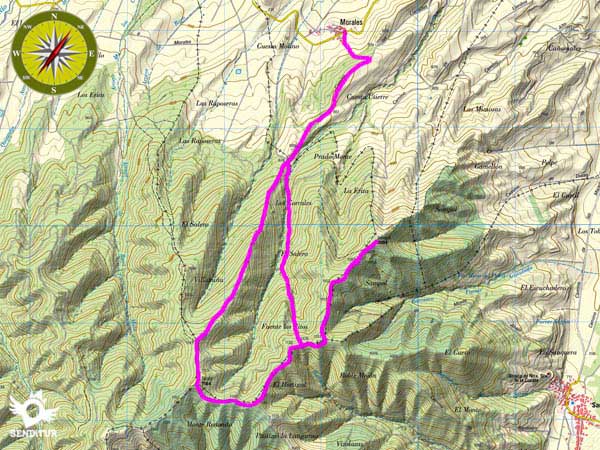 Mapa topográfico con el recorrido Subida al Sampol y La Picota o El Hermoso