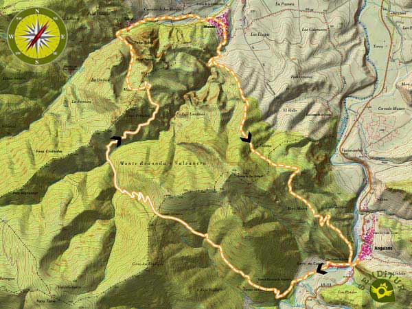 Mapa topográfico con el recorrido Ruta de Tres Villas