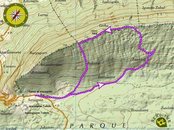Mapa topográfico de la ruta del Bosque encantado de Urbasa