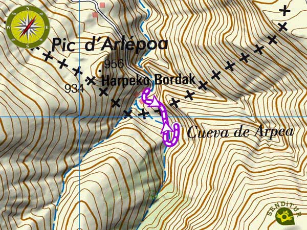 Topographic map with the route of the Cave of Arpea