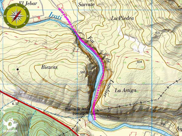 Topographic map with the route Foz of Lumbier