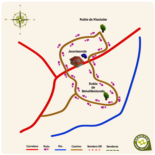 Mapa de la ruta de los Robles Monumentales de Jauntsarats