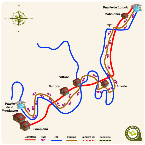 Map of the route of the River Walk of the Arga Section of La Magdalena