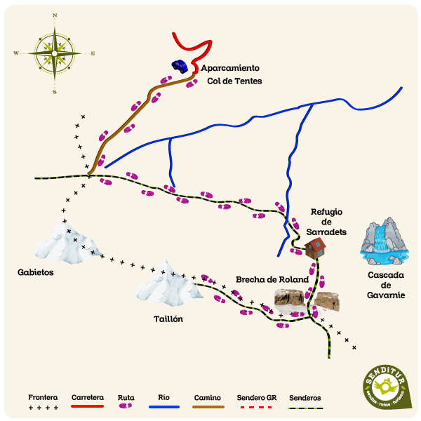 Map of the route Ascent to the Taillón from the Col of Tentes